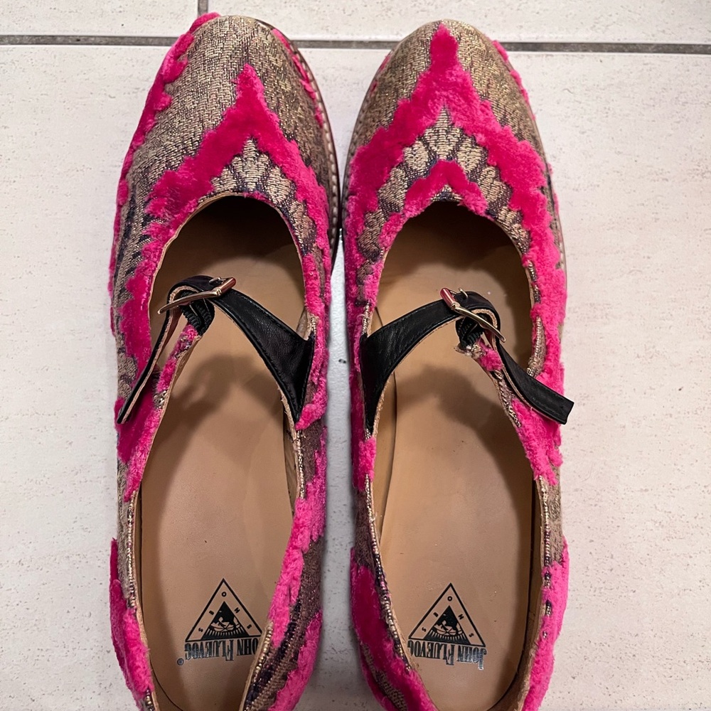 John Fluevog Pink and Gold Biblio Barnett Tapestry Women's Shoes